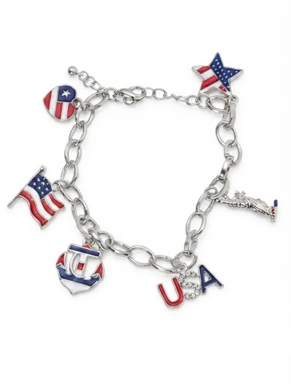 Red, White & Blue USA Charm Bracelet & USA American Flag Boot Brooch